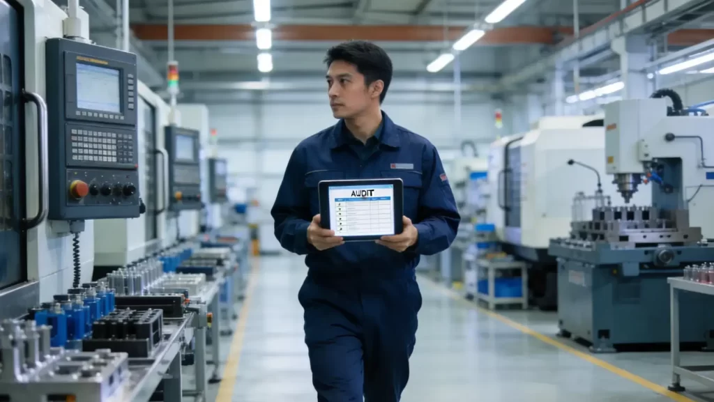 Manufacturing engineer conducting on-site supplier audit checklist inspection at a contract manufacturing facility in China