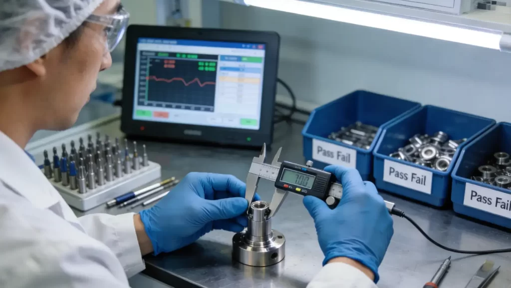 Quality control engineer performing incoming material inspection and in-process quality check with precision measurement instruments