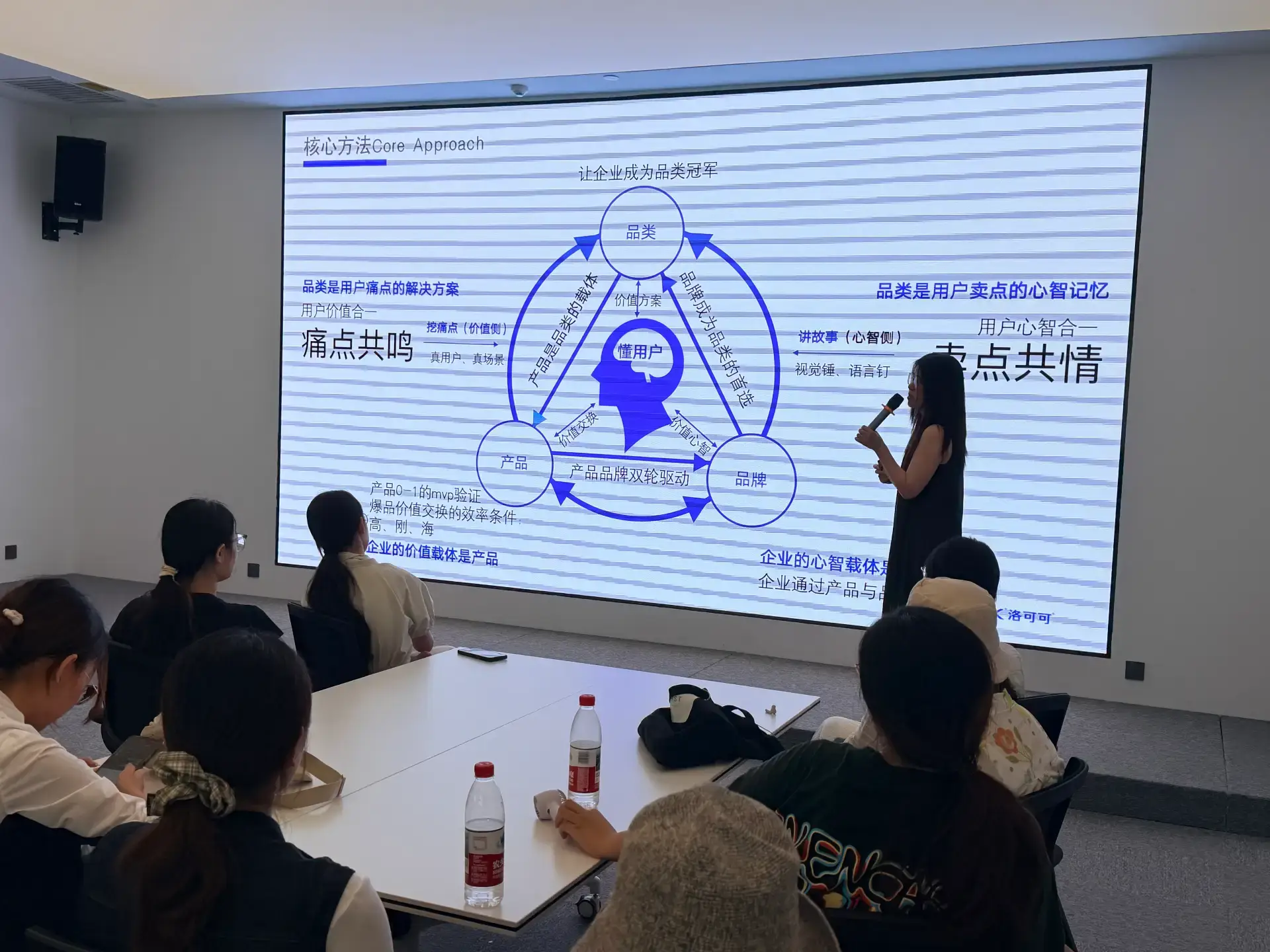 Mandy, VP of LKK Design Shenzhen, presenting the "Three Products as One" category innovation methodology to Harbin Institute of Technology students